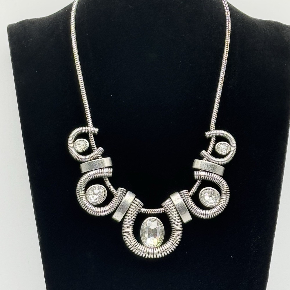 Lia Sophia Horseshoe Statement Necklace Silver Tone Rhinestone Bib Western Coil